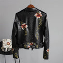 Jaqueta Feminina De Couro Sintético / Pu / Estampa Floral / Bordado / Gola Virada / Casual / Pu / Motocicleta / Punk