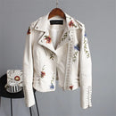 Jaqueta Feminina De Couro Sintético / Pu / Estampa Floral / Bordado / Gola Virada / Casual / Pu / Motocicleta / Punk