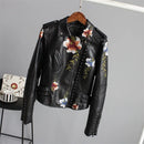Jaqueta Feminina De Couro Sintético / Pu / Estampa Floral / Bordado / Gola Virada / Casual / Pu / Motocicleta / Punk
