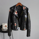 Jaqueta Feminina De Couro Sintético / Pu / Estampa Floral / Bordado / Gola Virada / Casual / Pu / Motocicleta / Punk