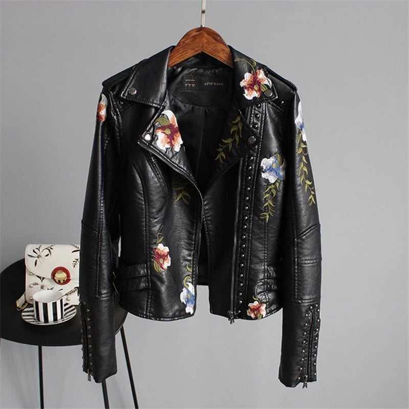 Jaqueta Feminina De Couro Sintético / Pu / Estampa Floral / Bordado / Gola Virada / Casual / Pu / Motocicleta / Punk