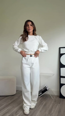Conjunto Moletom Feminino Blusa manga longa Flanelado liso cropped+ calça pantalona conjunto feminino de frio