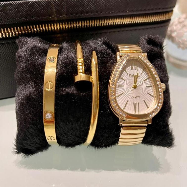 Kit Relogio Com Pulseira e bracelete Dourado e Prata Kit de Luxo Conforto Moda Blogueira