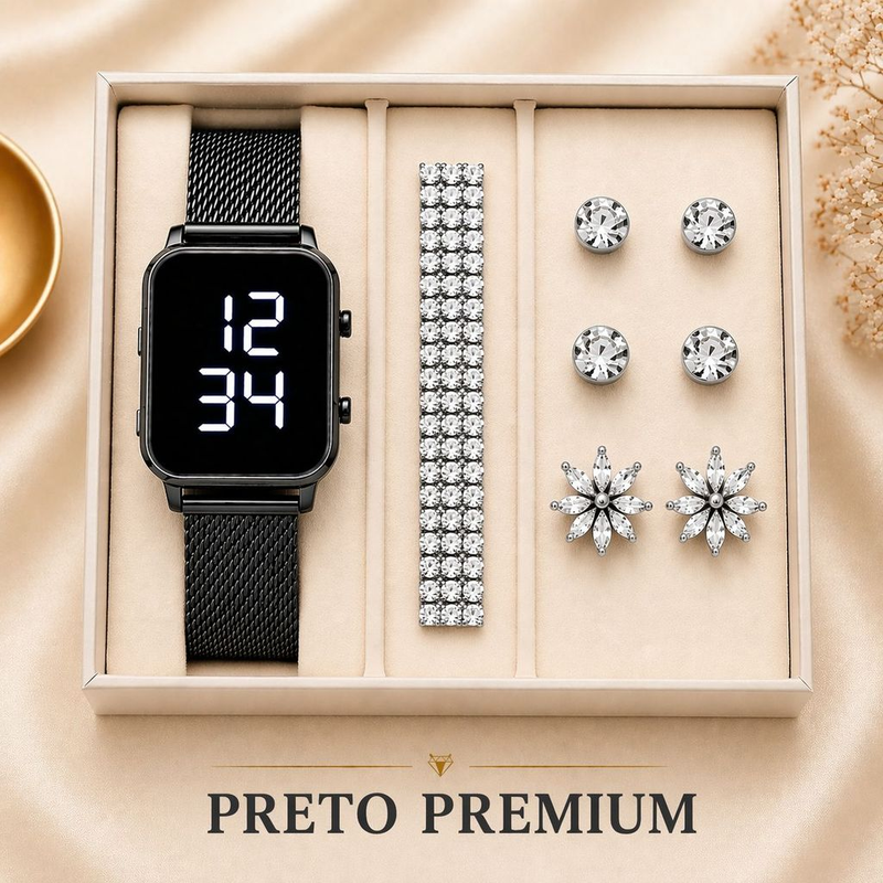 Kit Feminino com Relógio LED + Pulseira e Brinco